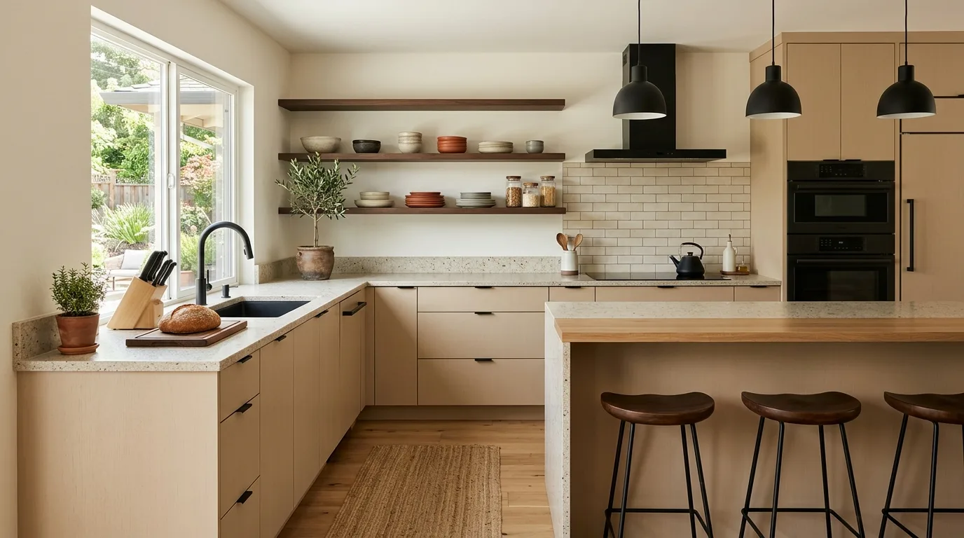 Make the island feel connected to the cabinet story inspiration for a beige kitchen.